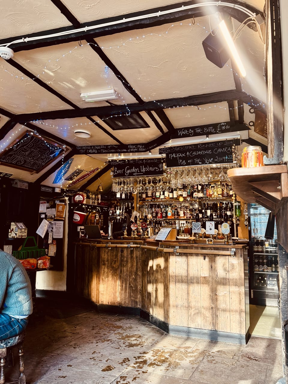 The old-world interior of The Fox and Goose pub in Hebden Bridge.