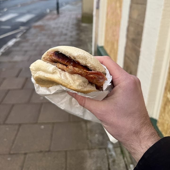 Closeup photo of my hand holding a sandwich. The background is entirely out of focus.